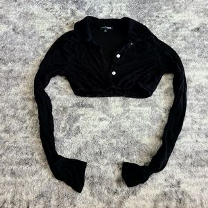 Cropped Ribbed Long Sleeve Collared Shirt